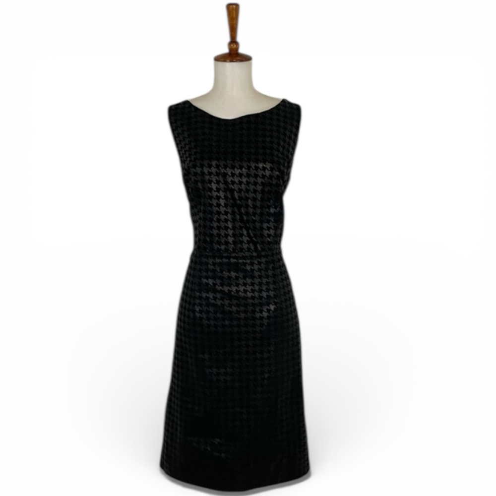 90s Caché Black Leather Dress Women’s 10 Herringbone Sleeveless Edgy Goth Glam